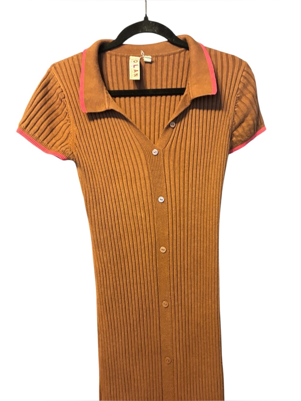 Dolan Brown Rib Knit Midi Button Front Shirt Dress Pink Trim Size Small - Picture 3 of 7